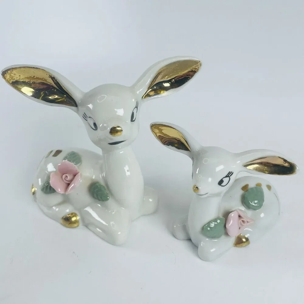 VTG Big Gold Ears White Porcelain Deer Figurines Mother Fawn Rose Chase Japan